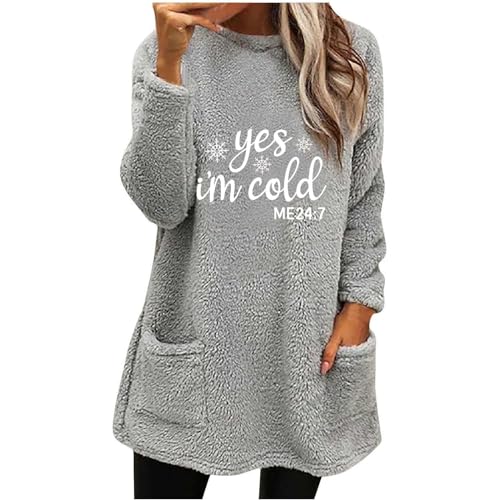 Weihnachts Sweatshirt Damen Warm Teddy Fleece Elch und Briefe Druck Rundhals Herbst Winter Sportshirt Lässig Pullover Ohne Kapuze Langarmshirt Sweatpullover mit Taschen Sweatshirts für Damen von Generic