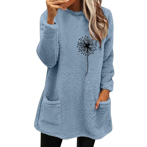 Weihnachts Sweatshirt Damen Warm Teddy Fleece Elch und Briefe Druck Rundhals Herbst Winter Sportshirt Lässig Pullover Ohne Kapuze Langarmshirt Sweatpullover mit Taschen Sweatshirts für Damen von Generic