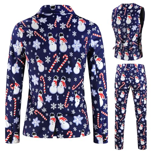 Weihnachtsanzüge Herren 3 Teilig Regular Fit Anzug Stretch Anzugjacke + Anzughose + Weste Set Komplett Set Bedruckter Blazer Weihnachten Fashion Sakko Freizeit Herrenanzug sanft von Generic