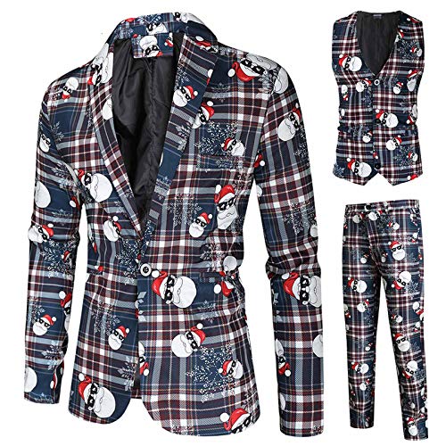 Weihnachtsanzüge Herren Slim Fit 3 Teilig Button Lustig Drucke Formal Weihnachten Set Anzug Sakko Blazer Mantel Partyanzug für Festlich Party Abend Hochzeit Anzugjacke + Anzughose + Weste Set von Generic