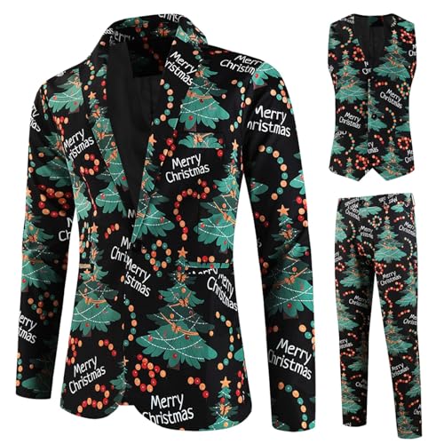 Weihnachtsanzüge Herren Slim Fit 3 Teilig Button Lustig Drucke Formal Weihnachten Set Anzug Sakko Blazer Mantel Partyanzug für Festlich Party Abend Hochzeit Anzugjacke + Anzughose + Weste Set von Generic