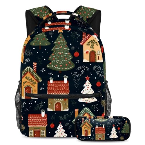 Weihnachtsbäume, Abenteuerfertiges Essentials, Kinder-Schultaschen-Set mit großem Rucksack und Federmäppchen für Jungen, Mädchen, Teenager, 2-teilig, Mehrfarbig Nr. 06, B：29.4x20x40cm P：19x7.5x3.8cm, von Generic