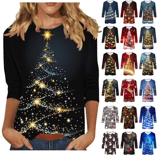 Weihnachtsbluse Damen Weihnachtsbaum Bedruckt Blusentop 3/4-Arm Pullover Elch Muster Bluseshirt Klassische Passform Bluse für Weihnachten Party Teenager Mädchen Oberteile Streetwear von Generic