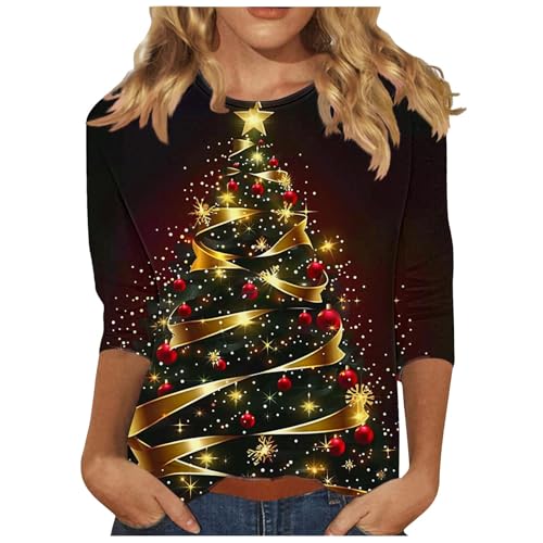 Weihnachtsbluse Damen Weihnachtsbaum Bedruckt Blusentop 3/4-Arm Pullover Elch Muster Bluseshirt Klassische Passform Bluse für Weihnachten Party Teenager Mädchen Oberteile Streetwear von Generic