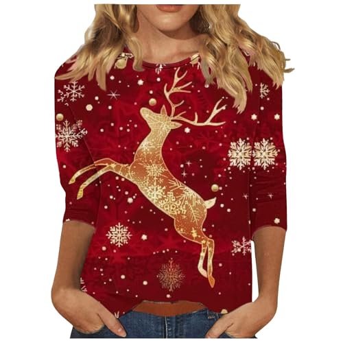 Weihnachtsbluse Damen Weihnachtsbaum Bedruckt Blusentop 3/4-Arm Pullover Elch Muster Bluseshirt Klassische Passform Bluse für Weihnachten Party Teenager Mädchen Oberteile Streetwear von Generic