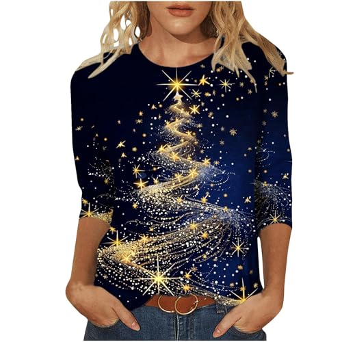Weihnachtsbluse Damen Weihnachtsbaum Bedruckt Blusentop 3/4-Arm Pullover Elch Muster Bluseshirt Klassische Passform Bluse für Weihnachten Party Teenager Mädchen Oberteile Streetwear von Generic