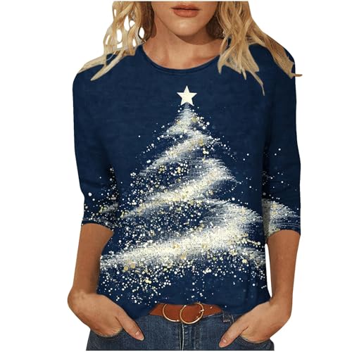 Weihnachtsbluse Damen Weihnachtsbaum Bedruckt Blusentop 3/4-Arm Pullover Elch Muster Bluseshirt Klassische Passform Bluse für Weihnachten Party Teenager Mädchen Oberteile Streetwear von Generic