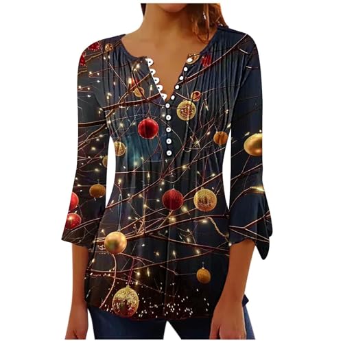 Weihnachtsbluse Damen Weihnachtsbaum Bedruckt Blusentop Glockenärmel 3/4-Arm Bluseshirt Slim Fit Tunika Elch Muster Pullover mit Knopfleiste personalisiert Bluse für Weihnachten Party von Generic