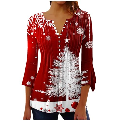 Weihnachtsbluse Damen Weihnachtsbaum Bedruckt Blusentop Glockenärmel 3/4-Arm Bluseshirt Slim Fit Tunika Elch Muster Pullover mit Knopfleiste personalisiert Bluse für Weihnachten Party von Generic