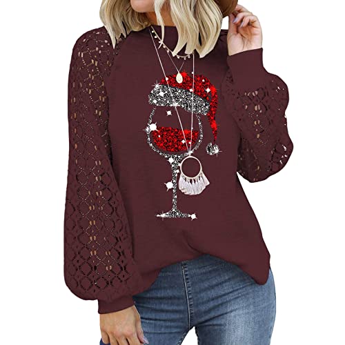 Weihnachtsbluse Damen Weihnachtspullover Oberteile Lustig Weinglas Muster T-Shirt Spitze Hohl Langarm Weihnachtsshirt Rundhals Pullover Große Größe Pulli Tops Merry Christmas Langarmshirt Streetwear von Generic