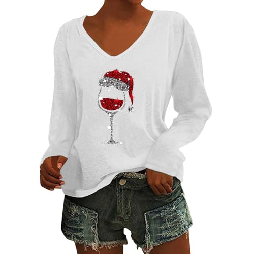 Weihnachtshemd Damen Langarmshirt, V-Ausschnitt Mit Rot Weinglas Muster, Übergroßes T-Shirt Weihnachtspullover Vintage Für Frauen Outfit von Generic