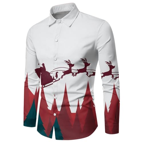 Weihnachtshemd Herren Langarm, Weihnachten Muster 3D Lustig Bedruckte Hemd Freizeithemd Männer Langärm Slim Fit Christmas Shirt Hawaiihemd Reverskragen Funky Hemden Langarmhemd (White-a, L) von Generic