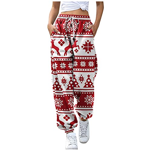 Weihnachtshose Damen, Weihnachten Jogginghose Damen High Waist Elastische Weihnachtsdruck Sporthose Lang Sweathose Kordelzug Traininghose Sweatpants Casual Festliche Hosen Warm Winterhose von Generic