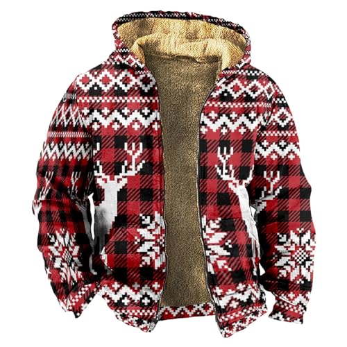 Weihnachtsjacke Herren Winterjacke Fleecejacke Weihnachtsdruck Warm Winddicht Kapuzenjacke Dicke Fleecefutter Sweatjacke Männer Freizeit Wanderjacke von Generic