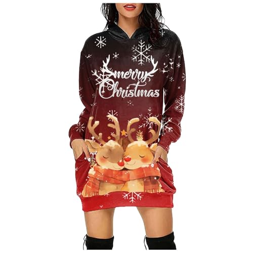 Weihnachtskleid Damen, Merry Christmas Hoodie Kleid Damen Weihnachtspullover mit Kapuze Weihnachtskleider Weihnachtspullis Rentier Drucken Kapuzenpullover Kleid Langes Weihnachts Pulli Kleid von Generic