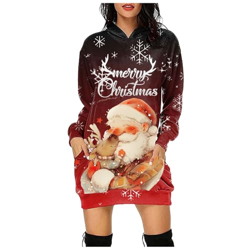 Weihnachtskleid Damen, Merry Christmas Hoodie Kleid Damen Weihnachtspullover mit Kapuze Weihnachtskleider Weihnachtspullis Rentier Drucken Kapuzenpullover Kleid Langes Weihnachts Pulli Kleid von Generic