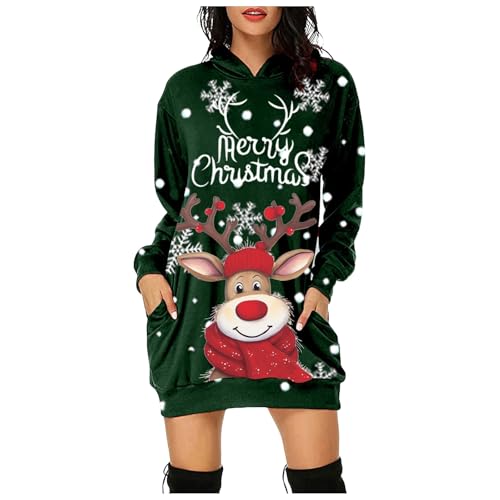 Weihnachtskleid Damen Elegant Rot Weinglas Druck Merry Christmas Hoodie Kleid Sweatkleid Große Größen Warm Lang Weihnachtspullover Weihnachten Kleider Lustig Rentier Print Kapuzenpullover Kleid von Generic
