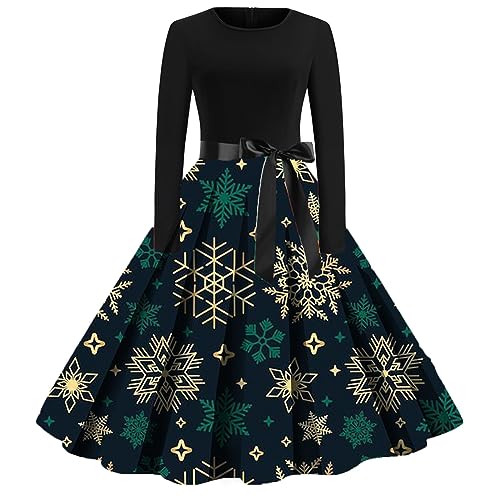 Weihnachtskleid Damen Elegant- Weihnachten Kleid Damen Langarm-Weihnachts Kleider Damen mit Weihnachtsmotive Funky Hepburn Weihnachtskleider A-Linie Vintage Partykleid Cocktailkleid für Frauen von Generic