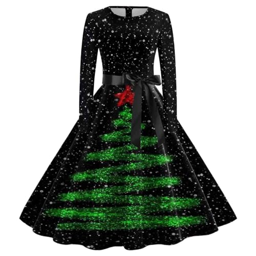 Weihnachtskleid Damen Elegant - kleid Weihnachten mit Rundhals Reißverschluss Cocktailkleid Damen Langarm Cocktailkleid mit Tannenbaum Druck Witzig Christmas Xmas Kleidung für Mädchen von Generic