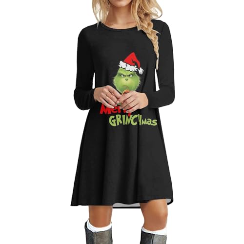 Weihnachtskleid Damen Grinch - Karierte Langarm Weihnachtskleider, Große Größen Weihnachtsmotiv Kleid Knielang, Elegant A-Linie Kleid Für Frauen von Generic