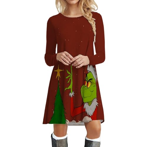 Weihnachtskleid Damen Grinch Rundhals, Große Größen Weihnachtsmotiv Kleid Herbst Knielang Elegant A Linie für Frauen von Generic