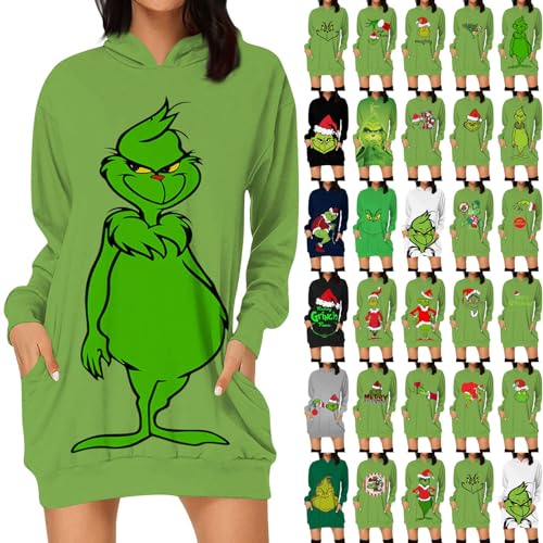 Weihnachtskleid Damen Grinch Weihnachten Kleid Weihnachts Minikleid Lustig Grün Kostüm Festlich Langarm Hoodie Kleid Knielang Tunika Tshirt Kapuzenpullover Kleid Elegant Shirtkleid Partykleid von Generic