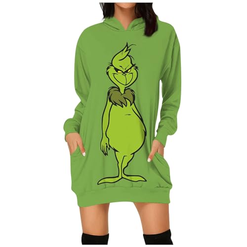 Weihnachtskleid Damen Grinch Weihnachten Kleid Weihnachts Minikleid Lustig Grün Kostüm Festlich Langarm Hoodie Kleid Knielang Tunika Tshirt Kapuzenpullover Kleid Elegant Shirtkleid Partykleid von Generic