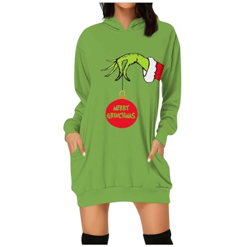 Weihnachtskleid Damen Grinch Weihnachten Kleid Weihnachts Minikleid Lustig Grün Kostüm Festlich Langarm Hoodie Kleid Knielang Tunika Tshirt Kapuzenpullover Kleid Elegant Shirtkleid Partykleid von Generic