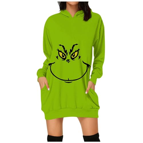 Weihnachtskleid Damen Grinch Weihnachten Kleid Weihnachts Minikleid Lustig Grün Kostüm Festlich Langarm Hoodie Kleid Knielang Tunika Tshirt Kapuzenpullover Kleid Elegant Shirtkleid Partykleid von Generic