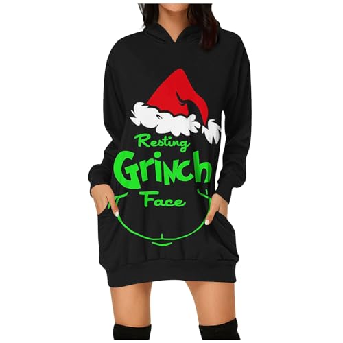 Weihnachtskleid Damen Grinch Weihnachten Kleid Weihnachts Minikleid Lustig Grün Kostüm Festlich Langarm Hoodie Kleid Knielang Tunika Tshirt Kapuzenpullover Kleid Elegant Shirtkleid Partykleid von Generic