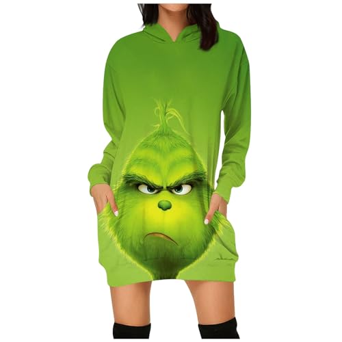 Weihnachtskleid Damen Grinch Weihnachten Kleid Weihnachts Minikleid Lustig Grün Kostüm Festlich Langarm Hoodie Kleid Knielang Tunika Tshirt Kapuzenpullover Kleid Elegant Shirtkleid Partykleid von Generic