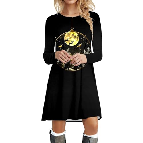 Weihnachtskleid Damen Langarm Kleid Herbst Winter Rundhals Minikleid Rentier Druck Weihnachten Kleider Elegant Weihnachtsfeier Blusenkleid Oberteile von Generic