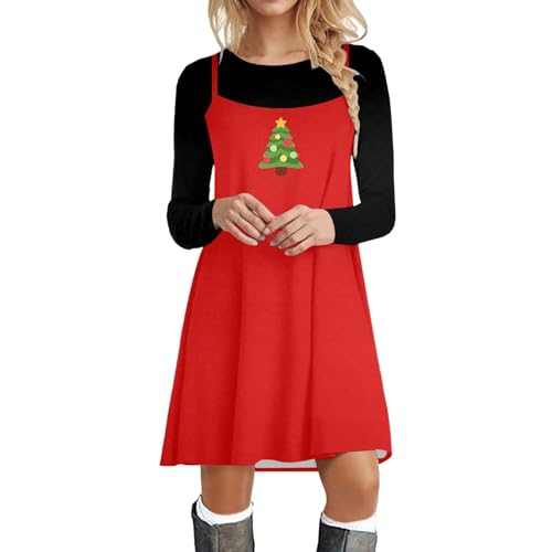 Weihnachtskleid Damen Langarm Pullover Kleid Herbst Winter Rundhals Minikleid Rentier Druck Weihnachten Kleider Elegant Weihnachtsfeier Blusenkleid Oberteile Freizeitkleid Kleid (2-Red, M) von Generic