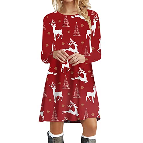 Weihnachtskleid Damen Langarm Pullover Kleid Herbst Winter Rundhals Minikleid Rentier Druck Weihnachten Kleider Elegant Weihnachtsfeier Blusenkleid Oberteile Freizeitkleid Kleid (6-Red, L) von Generic