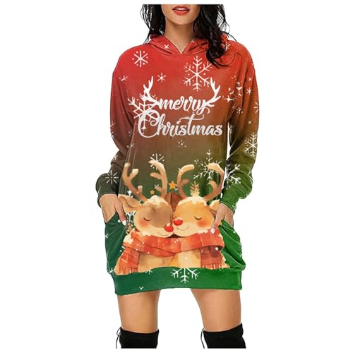 Weihnachtskleid Damen Langarm Pullover Kleid Winter Rundhals Minikleid Rentier Druck Weihnachten Kleider Elegant Oberteile Partykleid Weihnachts Weihnachtliche Kleidung Damen Kapuzenpullover Taschen von Generic
