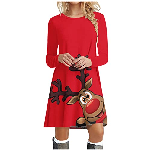 Weihnachtskleid Damen Langarm Pullover Kleid Winter Rundhals Minikleid Xmas Rentier Druck Weihnachten Kleider Elegant Lässig Weihnachtsfeier Blusenkleid Oberteile Freizeitkleid Kleid Weihnachtsfest von Generic