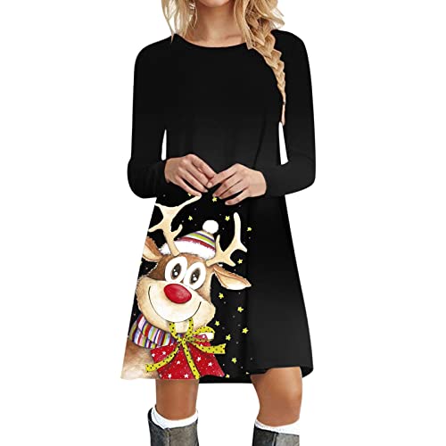 Weihnachtskleid Damen Langarm Pullover Kleid Winter Rundhals Minikleid Xmas Rentier Druck Weihnachten Kleider Elegant Lässig Weihnachtsfeier Blusenkleid Oberteile Freizeitkleid Kleid Weihnachtsfest von Generic