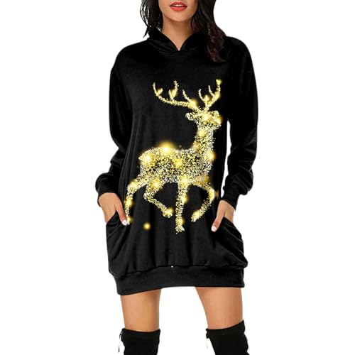 Weihnachtskleid Damen Merry Christmas Hoodie Kleid Damen Weihnachtspullover Weihnachtskleider Hoodie Rentier Print Kapuzenpullover Kleid Langes Weihnachts Pulli Weinachtspullie (Gold #1, L) von Generic