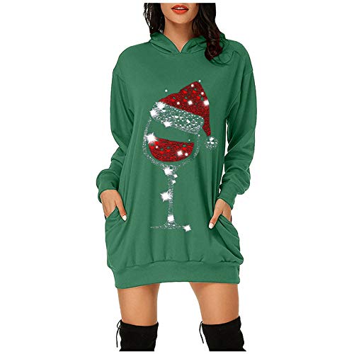 Weihnachtskleid Damen Merry Christmas Hoodie Kleid Damen Weihnachtspullover Weihnachtskleider Hoodie Rentier Print Kapuzenpullover Kleid Langes Weihnachts Pulli Weinachtspullie (Green #5, XL) von Generic