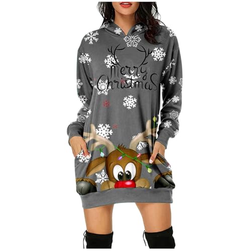 Weihnachtskleid Damen Merry Christmas Hoodie Kleid Damen Weihnachtspullover Weihnachtskleider Rentier Print Kleid Langes Weihnachten Kleider Elegant A Linie Kleid Pulloverkleid lose von Generic