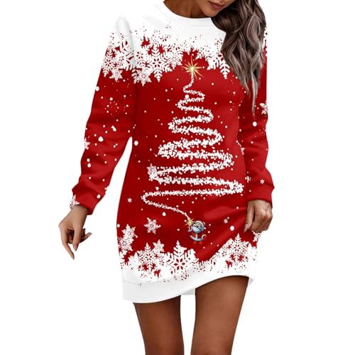Weihnachtskleid Damen Pulloverkleid,Weihnachts Strickkleid Rundhals|Weihnachtskleider Damen mit Weihnachtsmotiv Minikleid Große Größen Weihnachtskleidung Knielang für Weihnachtskostüme Winter von Generic