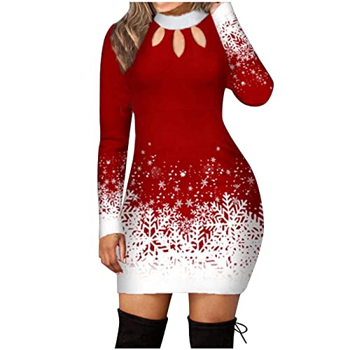 Weihnachtskleid Damen Weihnachten Kleider Damen Herbst Winter Rundhals Langarm Wickelkleid Weihnachten Print Kurzer Rock Kleider Minikleid Partykleid Elegant Hollow Out Strickkleid Pulloverkleid von Generic