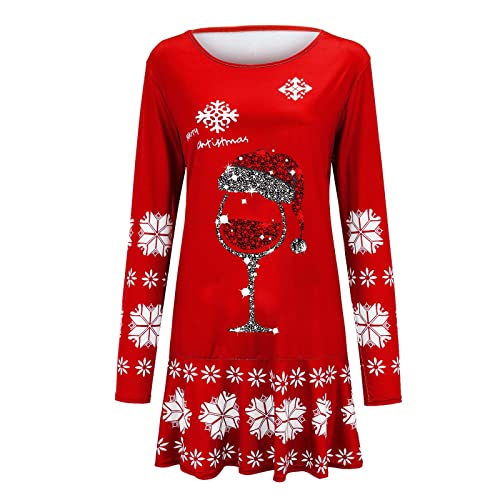 Weihnachtskleid Damen Weihnachten Pullover Kleider Damen Langarm Rundhals Kleid Weihnachtskleid Winter Drucken Shirtkleid Minikleid mit Elchmuster Slim Fit Party Dress von Generic