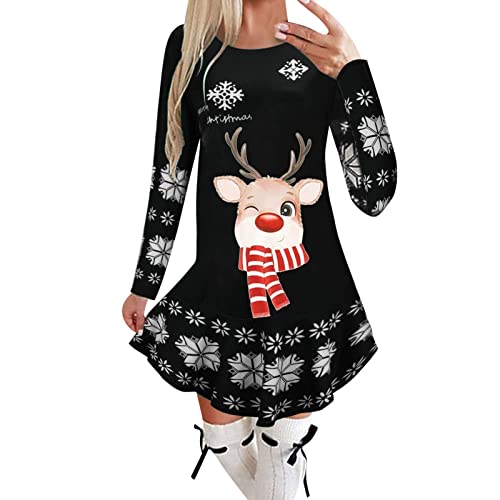 Weihnachtskleid Damen Weihnachten Pullover Kleider Damen Langarm Rundhals Kleid Weihnachtskleid Winter Drucken Shirtkleid Minikleid mit Elchmuster Slim Fit Party Dress von Generic