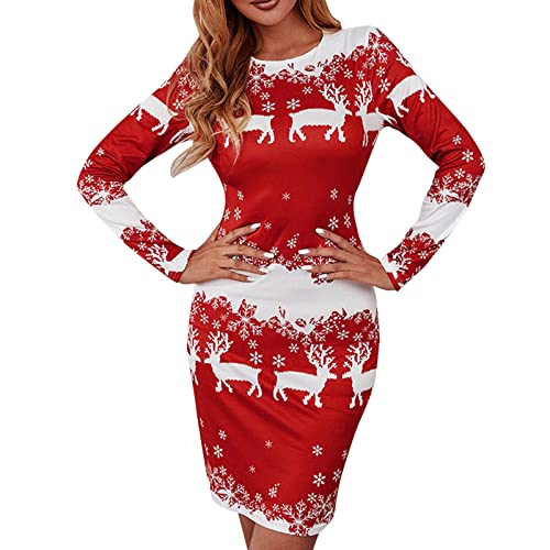 Weihnachtskleid Damen Weihnachten Pulloverkleid Langarm Strickkleid Winter Warm Weihnachtspulli mit Norweger-Muster Weihnachtsthema Pullikleid Slim Fit Party Dress von Generic