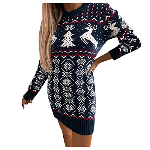 Weihnachtskleid Damen Weihnachten Pulloverkleid Rentier Druck Strickkleid Sexy Rundhals Pullikleid Langarm Sweatshirts Slim Fit Wickelrock Weihnachtsthema Partykleid Dresses (Navy, L) von Generic