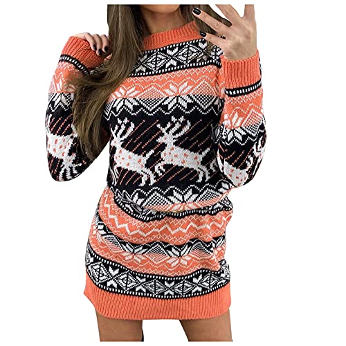 Weihnachtskleid Damen Weihnachten Pulloverkleid Rentier Druck Strickkleid Sexy Rundhals Pullikleid Langarm Sweatshirts Slim Fit Wickelrock Weihnachtsthema Partykleid Dresses von Generic