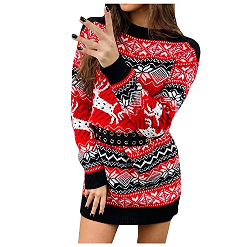 Weihnachtskleid Damen Weihnachten Pulloverkleid Rentier Druck Strickkleid Sexy Rundhals Pullikleid Langarm Sweatshirts Slim Fit Wickelrock Weihnachtsthema Partykleid Dresses von Generic