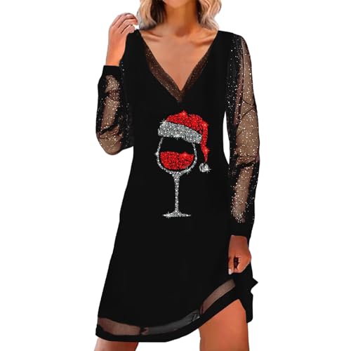 Weihnachtskleid Damen Weihnachten Rot Weinglas Druck Minikleid Sexy Mesh Partykleid Lose Rundhals Langarm Kleider Winter Christmas Festkleid sexy von Generic