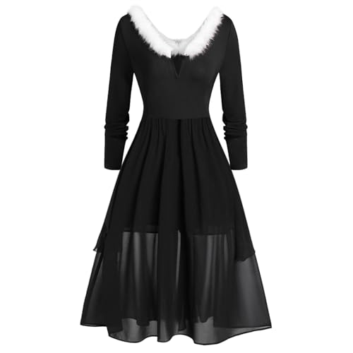 Weihnachtskleid Damen mit Pelzkragen Weihnachtskleider für Frauen 2024 Elegante A-Linie Kleider Casual V Hals Langarm Kleider Holiday Party Kleid Weihnachten Fancy Kleid Damen Weihnacht Cocktailkleid von Generic